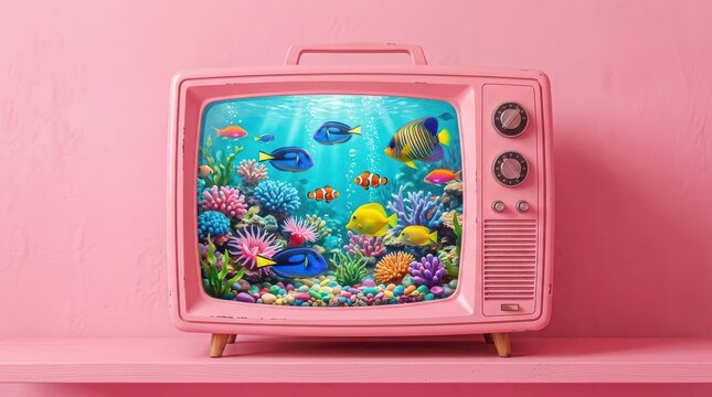 Vintage pink television set displaying a colorful tropical coral reef with exotic fish isolated on a solid pink background