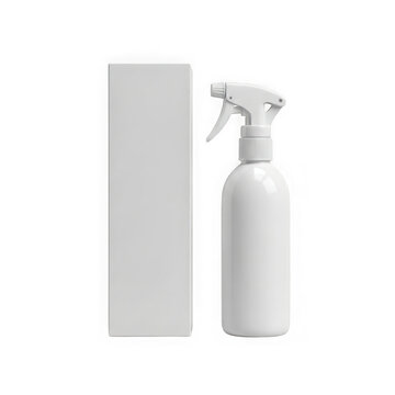 Empty spray bottle with pump next to plain rectangular box transparent background