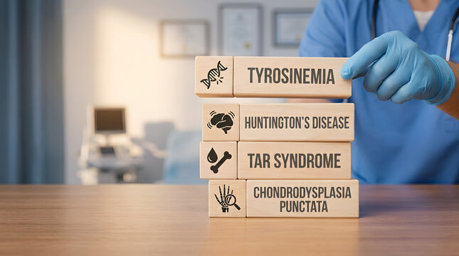 A doctor stacking wooden blocks labeled with various rare genetic disease names and medical icons transparent background