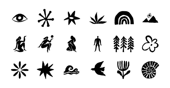Hand Drawn Mystical Symbol Vector Collection with Human Figures, Nature Icons, Stars, Eye, Rainbow, Mountains and Botanical Elements for Branding, Apparel, Posters, Packaging and Tattoo Design
