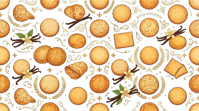 Seamless pattern with hand drawn vanilla cookies and spice pods.