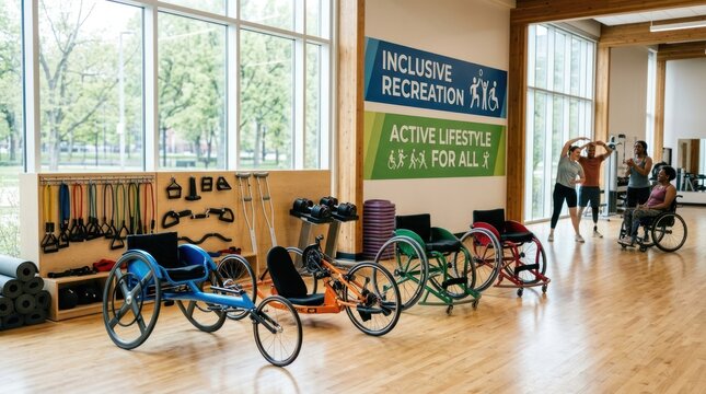 A spacious indoor gym with various adaptive sports equipment, including wheelchairs and exercise bikes, set up for inclusive recreation. 