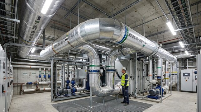 A large industrial facility with extensive piping and machinery, featuring workers in safety gear. The environment is clean and organized