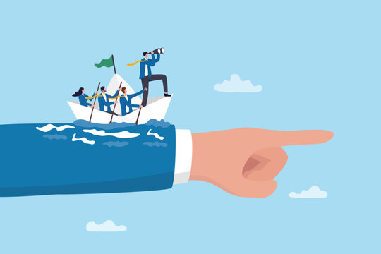Team direction leadership for team guidance to reach goal, objective or success, adviser or mentor to support company strategy, businessman leader pointing with employee sailing to right direction.