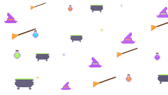 Scattered witch hats, flying brooms, glowing potion bottles, cauldrons and stars in pixel art style on transparent background