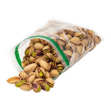 Fresh pistachios in clear resealable plastic bag with green zipper transparent background