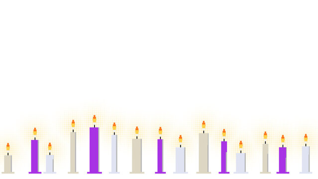 Row of lit pixel candles with warm flickering flames, wax drips and soft glow along the bottom edge, transparent overlay