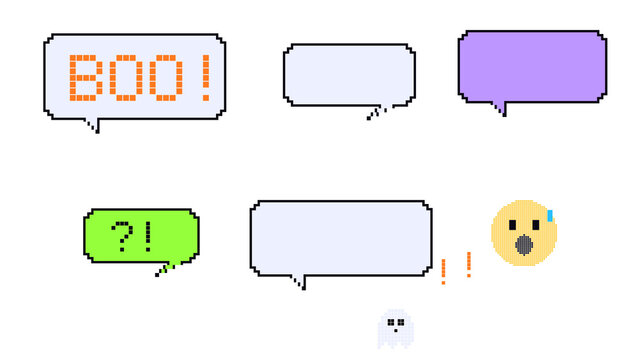 Pixel speech bubbles with BOO text, empty comic balloons, shocked emoji and ghost emotes on a transparent background