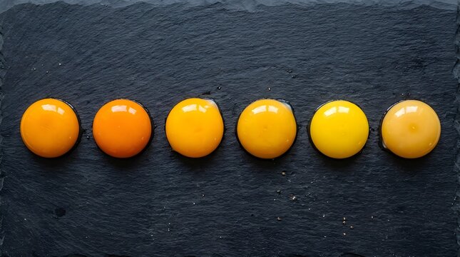 Six fresh raw egg yolks arranged in horizontal line on dark textured slate stone background.