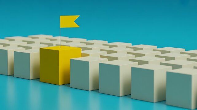 Business leadership concept with yellow flag marking a strategic position among blocks
