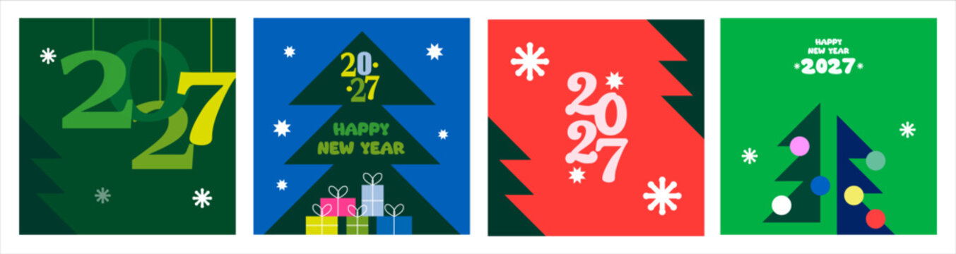 2027 Happy New Year Christmas Tree Banner Set &ndash; Retro Holiday Greeting Card Designs