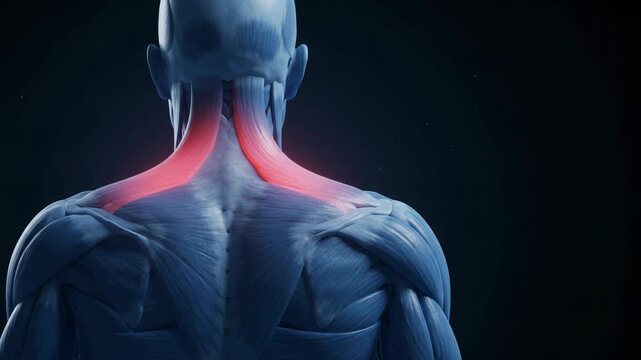 3D medical animation showing the anatomical structure of human back and neck muscles on a dark background.