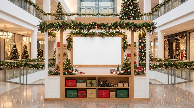 Christmas shopping mall kiosk with blank wooden sign board decorated with festive ornaments and gift