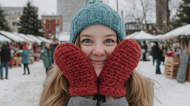 Cheerful woman in winter attire embracing cold at outdoor holiday market