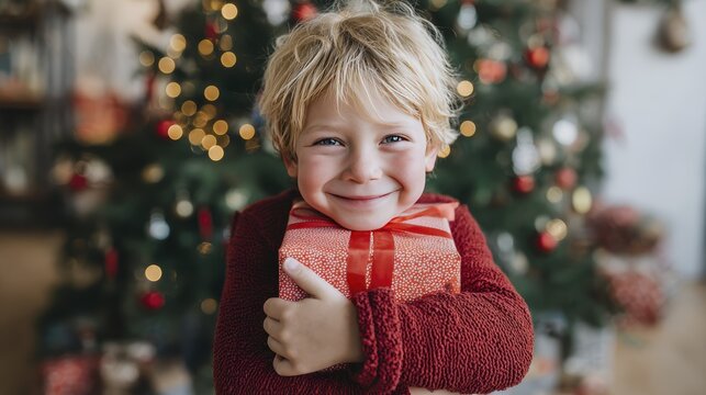 Joyful child holding Christmas gift in front of decorated tree