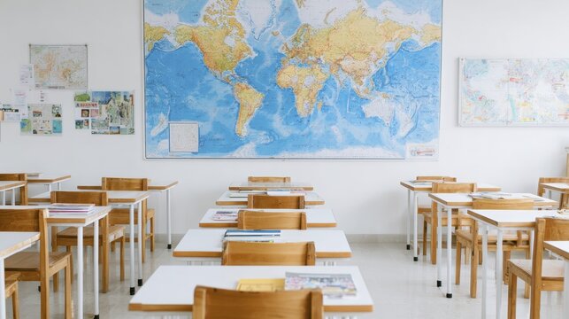 Empty classroom with world map displayed on wall and wooden desks