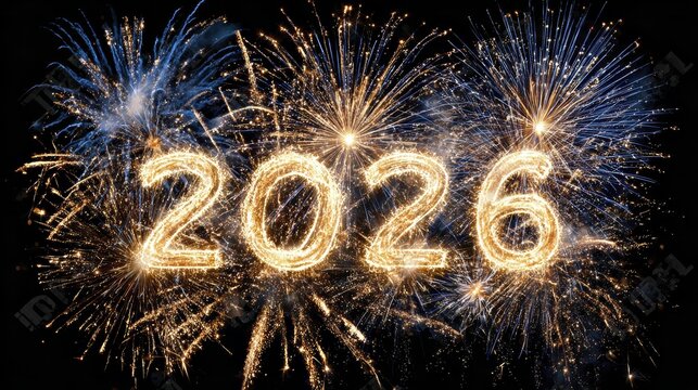 Vibrant 2026 fireworks celebration with sparkling numbers illuminating the night sky