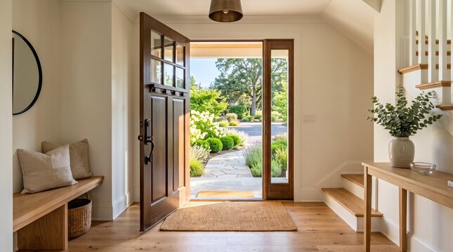 Open wooden front door inviting view of lush garden and sunny pathway in a bright entryway