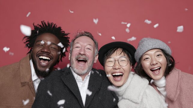 Joyful friends celebrating together with confetti falling against a red background