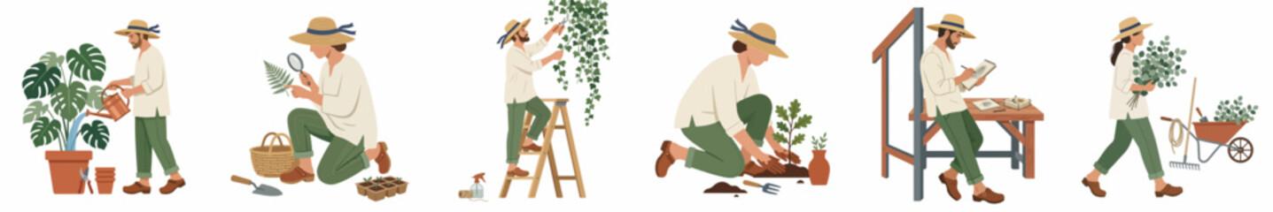 Fototapeta premium Flat illustration set of a female gardener performing various gardening tasks like watering, planting, and pruning plants, isolated on white background.