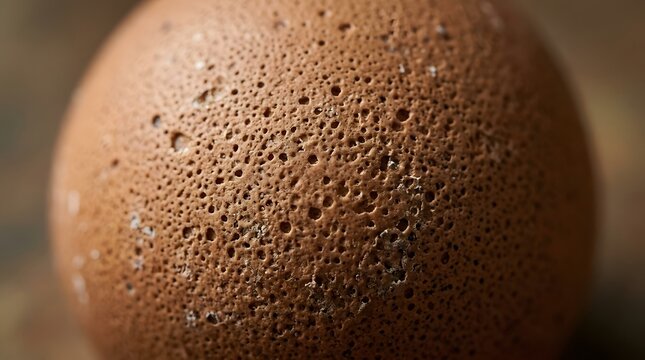 Macro view of brown chicken egg shell texture with detailed porous surface and speckles.