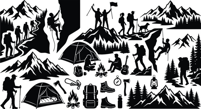 Black and white mountain hiking and camping adventure vector icons and silhouettes set