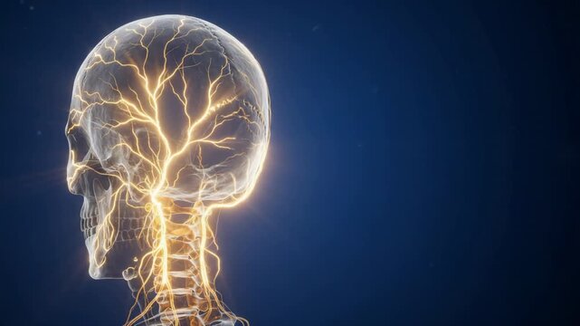 3D medical animation of a human skull with the cervical spine highlighted in orange over a dark blue background.