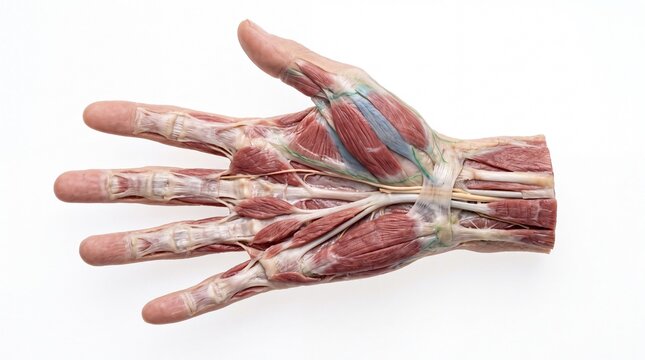 Detailed human hand anatomy model with exposed muscle tissue, tendons and nerve fibers, representing medical education, orthopedic surgery science and musculoskeletal biology.