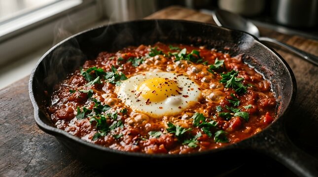 Hot shakshuka with poached egg served in black cast iron skillet for rustic dinner meal.