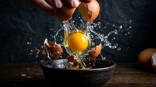 Hands cracking fresh raw egg over black bowl with dynamic liquid splashes in dark room.