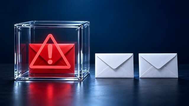 Red alert email in glass box next to white envelopes