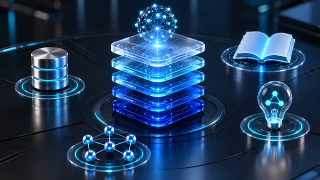Futuristic cloud database server stack with glowing digital knowledge book lightbulb idea and molecular network nodes representing big data storage and machine intelligence
