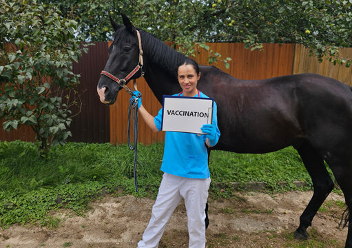 Veterinarian holds vaccination sign next to a horse