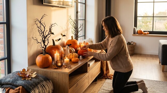 Woman arranging pumpkins and Halloween decorations on a cabinet in a cozy living room.