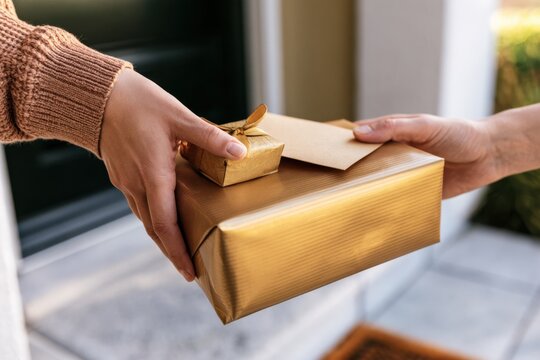 Gift exchange at a door during daytime with two people involved in the act. National Gratitude Month