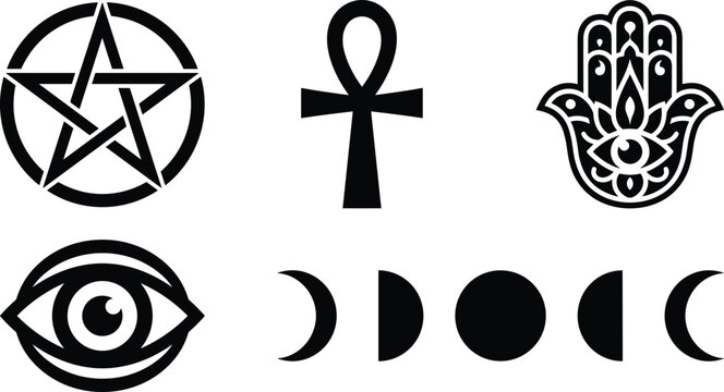 Black and white occult and esoteric symbols vector set featuring pentagram, ankh, and hamsa
