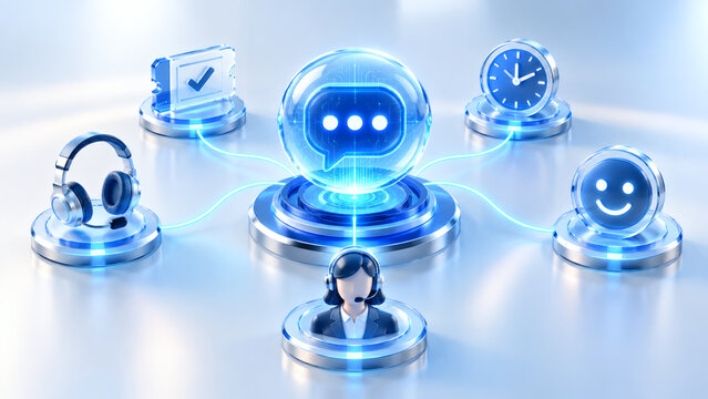 Futuristic customer service and online support concept with female operator headset speech bubble ticket clock and happy feedback icons representing call center assistance   