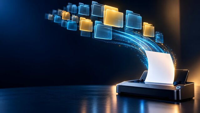 Digital Folders Transforming Into Physical Paper Document Passing Through Modern Office Printer