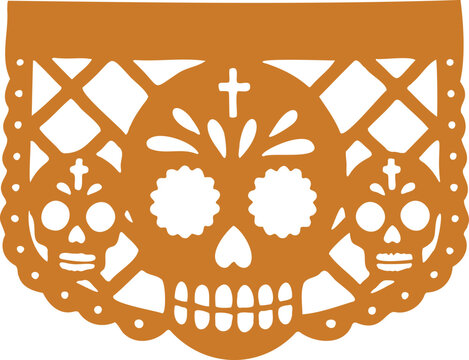 Orange papel picado banner with triple sugar skull and cross cutout patterns on a clean white background.