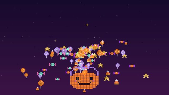 Smiling pumpkin candy bucket blinking while a fountain of candy corn, lollipops and sweets bursts out