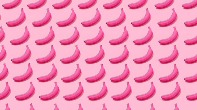 Seamless pattern with many bright pink bananas on a pastel pink background
