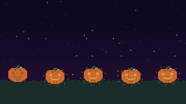Five happy smiling pumpkins swaying and blinking with glowing eyes, circling sparks and fireflies