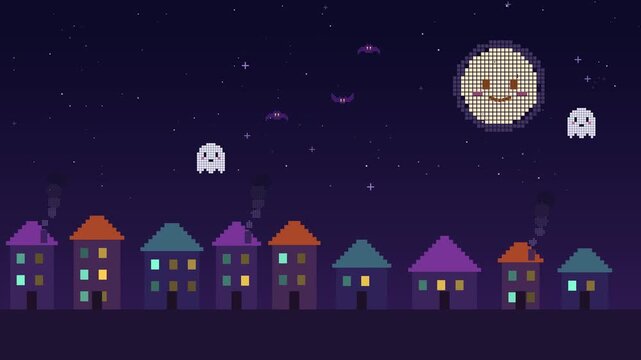 Tiny cozy haunted town with glowing windows, chimney smoke, a friendly ghost floating by and smiling moon