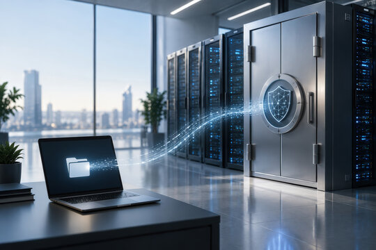 Modern enterprise cloud vault with encrypted data stream from laptop to secure metallic server cabinet featuring post quantum lattice shield motif for data backup and cybersecurity protection