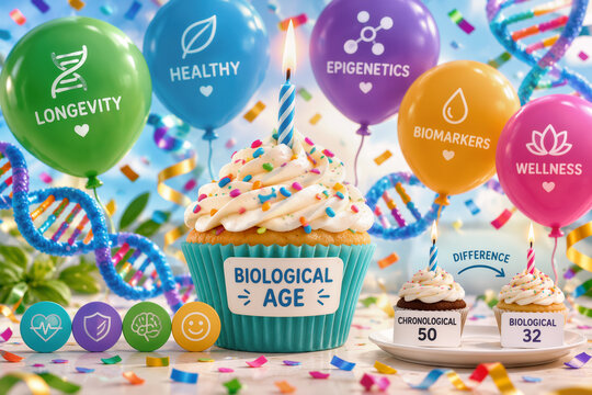 Biological age birthday cupcake with DNA balloons longevity epigenetics biomarkers wellness healthy aging epigenetic age vs chronological age comparison visualization