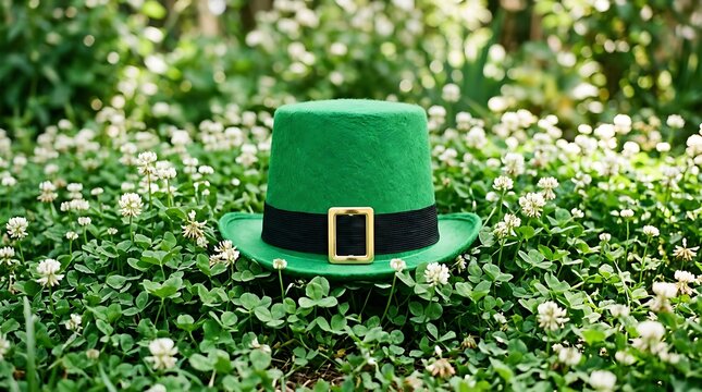 A green leprechaun hat sitting in a field of white clover flowers outdoors