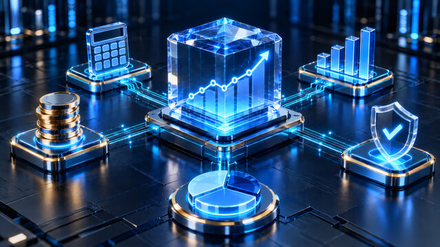 Futuristic financial technology concept with glowing growth graph digital investment coins calculator pie chart and secure banking analytics for business success