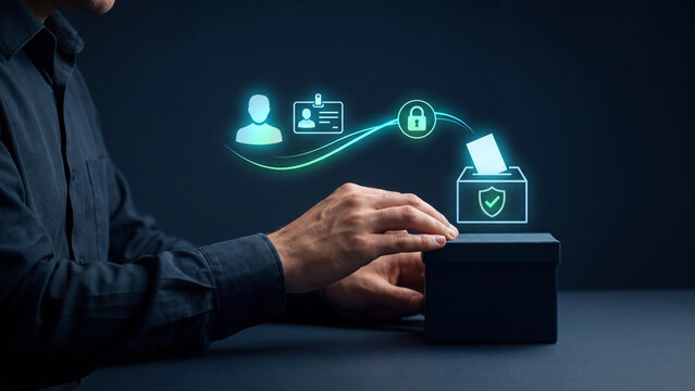 Digital voting cybersecurity and online election concept, man with hand on ballot box under hologram voter ID card, padlock and shield checkmark for identity verification and democracy
