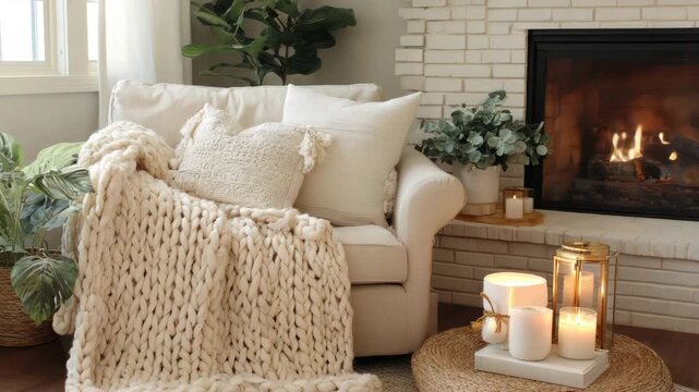 Cozy neutral living room with chunky knit blanket by fireplace and candles concept of comfort cozy autumn atmosphere