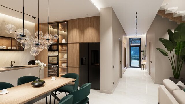 4K pan of a luxury open-concept interior featuring a modern living room, dining area, floating staircase, marble wall, and panoramic glass pool view at dusk.